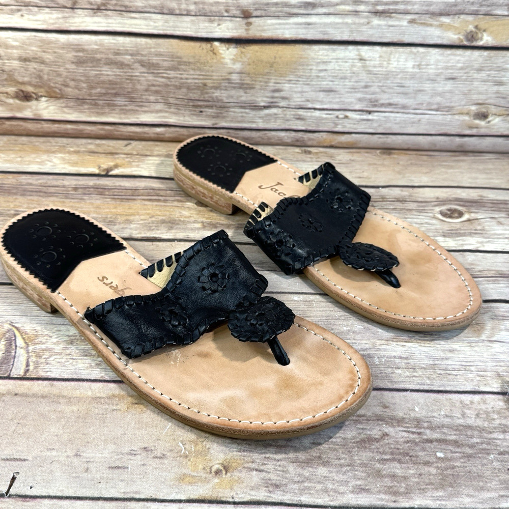 Jack Rogers Womens Black Leather Original Jacks Medallion Flat Thong Sandals 8